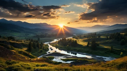 Fotobehang Picturesque sunset over a winding river flowing through green valleys and hills Concept: guidebooks, tourism and environmental brochures, outdoor recreation and meditative and relaxation practices. © Marynkka_muis_ua
