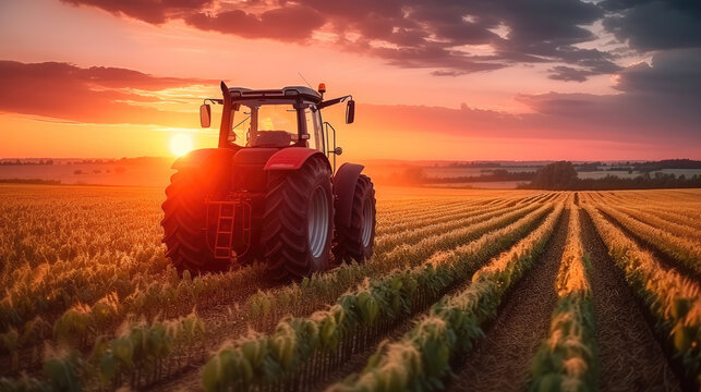 A tractor driving on the field at sunset. Generative AI.