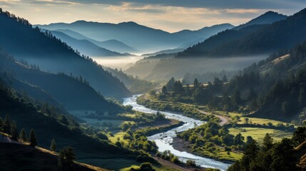 Picturesque sunset over a winding river flowing through green valleys and hills
Concept: guidebooks, tourism and environmental brochures, outdoor recreation and meditative and relaxation practices.