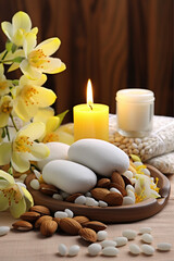 Fototapeta na wymiar spa with towels candles and almonds