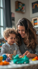 Obraz premium Mom with a kid playing in educational toys,ai