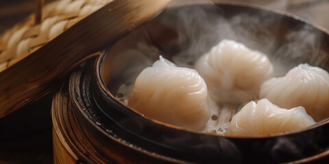 Assorted different Dim Sum in Bamboo Steamers bowl. Close-up of various dim sum in bamboo steamers,...