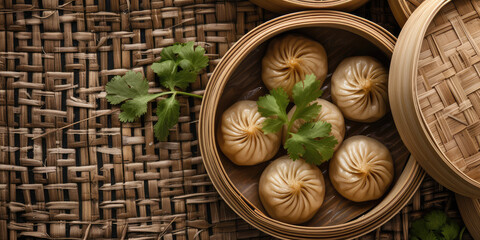 Assorted different Dim Sum in Bamboo Steamers bowl. Close-up of various dim sum in bamboo steamers,...