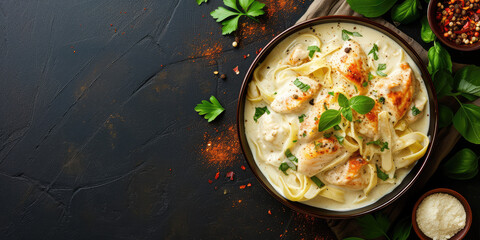Chicken Alfredo Pasta with Cream Sauce. Grilled chicken breast slices over fettuccine alfredo, garnished with parsley on a plate, copy space. - obrazy, fototapety, plakaty