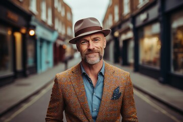 Portrait of a senior man wearing a hat in a city street.
