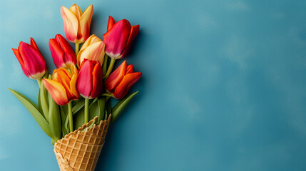 Wafer cone with tulips on a blue background. Flower ice cream, spring concept with first flowers, mother's day, birthday, top view.
