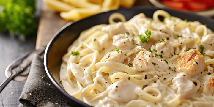 Chicken Alfredo Pasta with Cream Sauce. Grilled chicken breast slices over fettuccine alfredo, garnished with parsley on a plate.