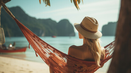 Female traveler relaxing in a hammock on a summer beach AI