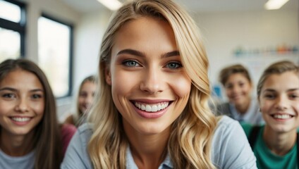 Bright classroom selfie of a young blonde woman smiling confidently, surrounded by students, with a casual grey top.
