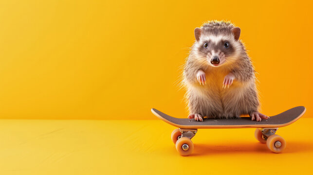 Yod on a skateboard. funny cute animals on a skateboard. driving animals on a bright colored yellow background. Funny screensavers. leisure. drive. extreme. Funny animals.