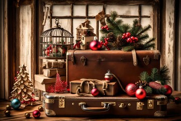 Fototapeta na wymiar Vintage christmas card with home decoration with suitcase, window and cage and christmas gifts