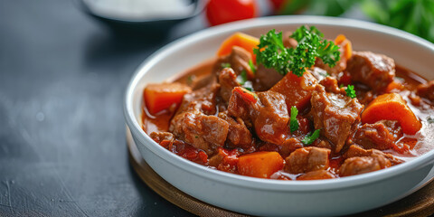 Hearty Beef Goulash with Carrots. Traditional beef goulash stew with carrots and parsley, served in a bowl, copy space.