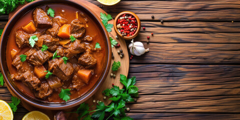 Hearty Beef Goulash with Carrots. Traditional beef goulash stew with carrots and parsley, served in a bowl, copy space.