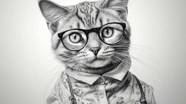 Smart Cat black and white AI illustration 