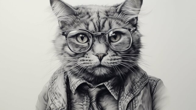 Smart Cat black and white AI illustration 