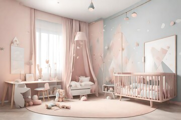 Modern design of a child room interior in pastel colors. Nursery for girl
