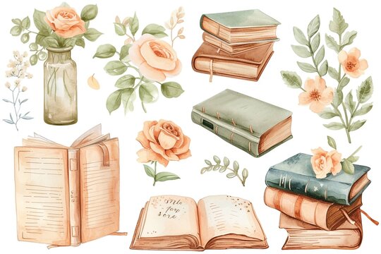 digital planner sticker set, whimsical vintage feel, book lover, cream and peach, watercolor isolated on a white background