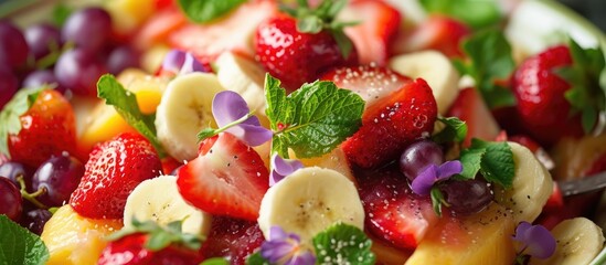 Nasturtium-infused fruit salad with banana, strawberries, and grapes.