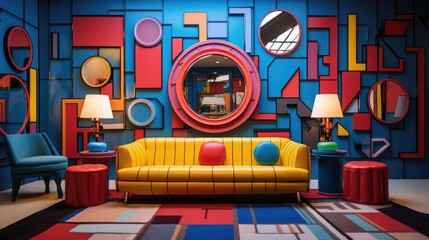 Multi-colored Memphis style interior with mirror