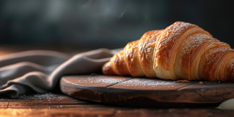 Single Golden Baked Textured Croissant. Flaky golden croissant on background with copy space.