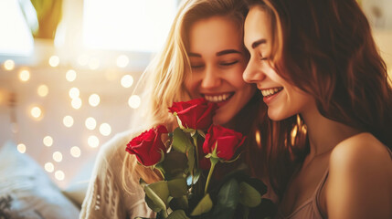 Smiling young lesbian couple holding flowers together. Engagement celebration. Pride concept. Generative AI