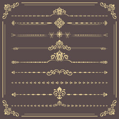 Vintage set of decorative elements. Horizontal separators in the frame. Collection of different ornaments. Classic brown and golden patterns. Set of vintage patterns