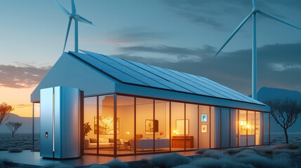 Home energy storage devices, wind turbines, solar panels. Generative AI. - obrazy, fototapety, plakaty