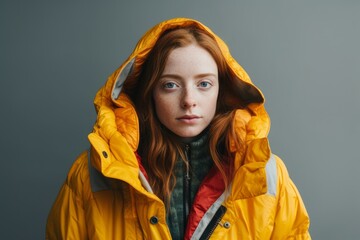 Redhead girl in a yellow raincoat on a gray background.