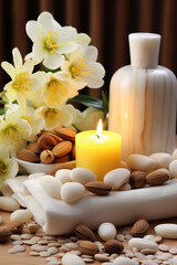 spa with towels candles and almonds