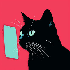  minimalist design of a cat looking at a phone