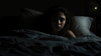 A woman lies in bed in a dark room and suffers from nightmares and insomnia. - obrazy, fototapety, plakaty