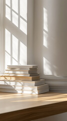 Naklejka premium Aesthetic minimalist stack of books in front of a window in a library. Light color palette. Sun rays. Generative AI