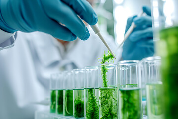 Laboratory Analysis of Spirulina Algae. A scientist in a lab coat and gloves pipettes a sample of green spirulina from a test tube in a laboratory setting. Horizontal photo