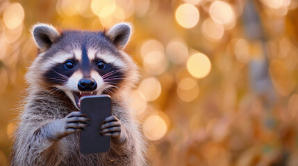 Surprised raccoon holding a smartphone with a comical expression.