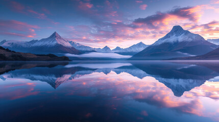 Fototapeta na wymiar Majestic mountains with perfect reflections in calm lakes and amazing colored skies at dawn