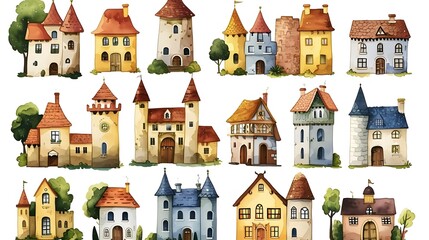 Naklejka premium watercolor clip art set fairy tales, castles, fairies, and magical creatures