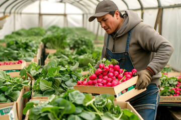 Greenhouse Worker with Fresh Radish Harvest. A man in a greenhouse carefully holds a box of bright red radishes, illustrating the practical aspect of radish production. Horizontal photo