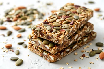 Zelfklevend Fotobehang Multiseed Muesli Bars Stacked on white background. Close-up of folded granola bars, generously covered with various seeds, including pumpkin seeds, on a white surface. Horizontal photo © ribalka yuli