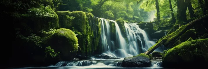 Poster Beautiful waterfall surrounded by green forest © brillianata