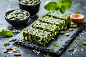 Spirulina Infused Seed Muesli Bars. Bright green granola bars enriched with spirulina, studded with assorted seeds and nuts, on a dark slate board accented with fresh basil. Horizontal photo