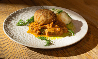 Breaded Meat Cutlets with Mashed Potatoes and Stewed Cabbage Garnish, Restaurant Main Course