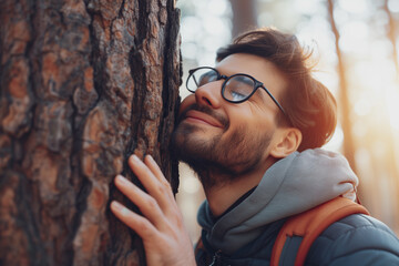 Photo of male showing love to nature by kissing tree - obrazy, fototapety, plakaty