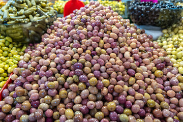 Pickled Olives Pile, Fermented Olives, Marinated Mediterranean Snack, large piles of Olive Pickles