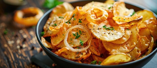 Traditional potato chips with roasted onion rings and herbs presented in a close-up in a modern skillet.