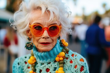 Elderly lady with white hair and orange sunglasses poses with a confident look