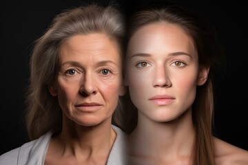 An illustration showing aging of a woman against dark background. Mother and daughter. Young and elder females. Youth. Senior. Feminine beauty of all ages. Changes in the face during years. Skincare