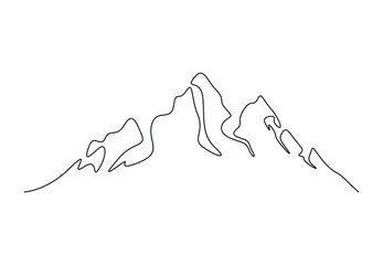 Continuous one line drawing of mountain landscape. High mounts peak linear style vector illustration. Premium vector