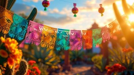 Traditional Mexican papel picado banners in sunset light
