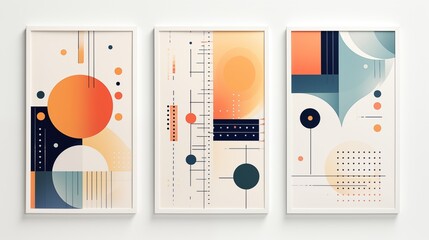 three  geometric minimal pop style artwork picture frame collection set on wall, minimal style home wall hanging decor, mockup idea, Generative Ai