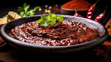 Aromatic and fluffy Mexican mole - a traditional sauce based on chocolate - obrazy, fototapety, plakaty